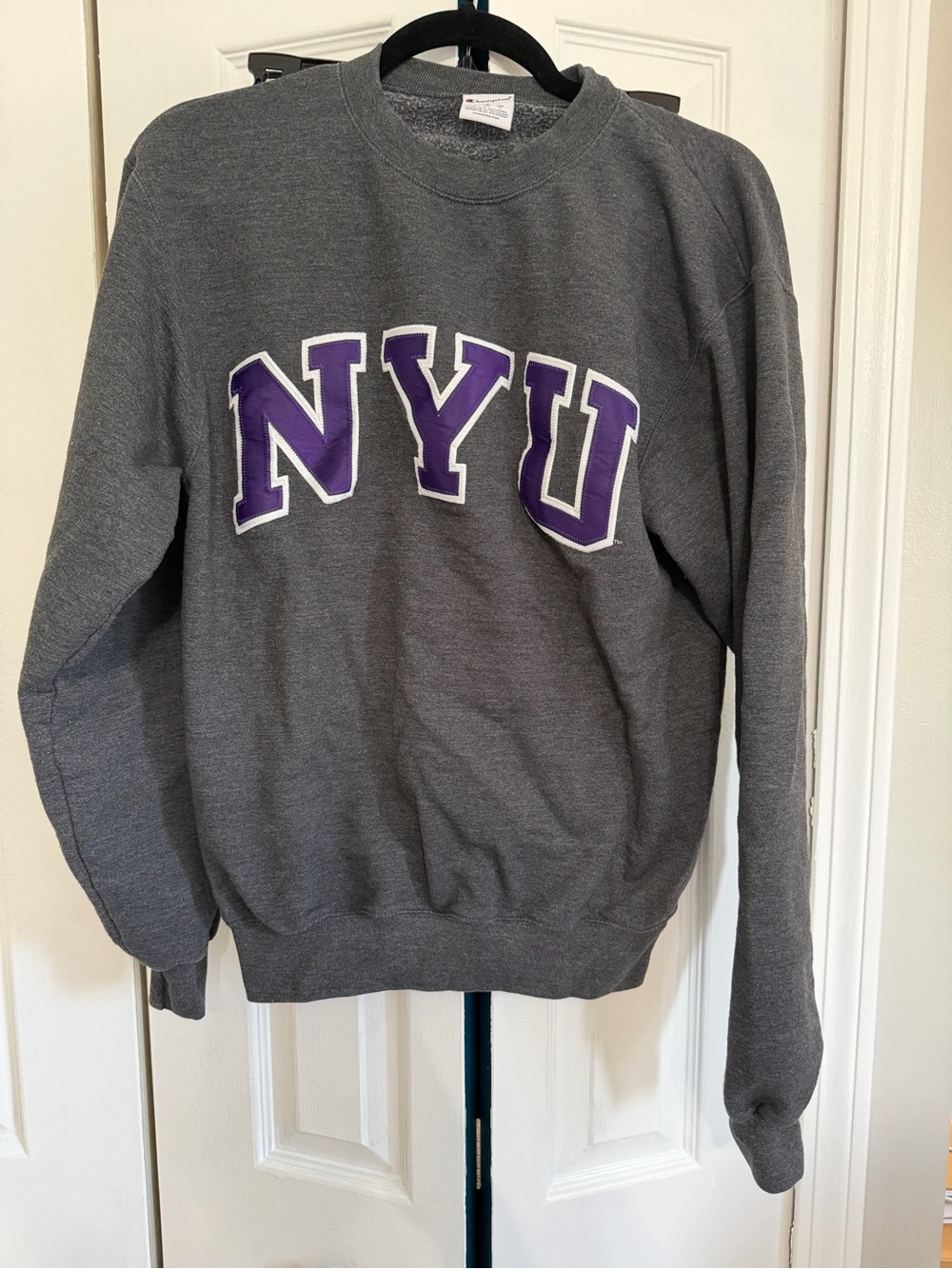 NYU Gray Crewneck Sweatshirt with Purple Lettering (Size: Small)